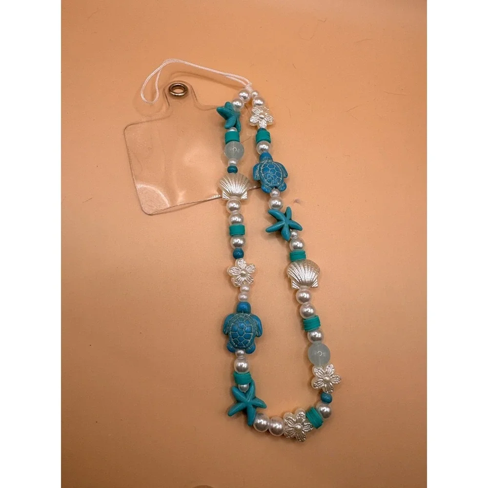 Blue and White‎ Beachy Phone Lanyard with Turtles and Sea Shells